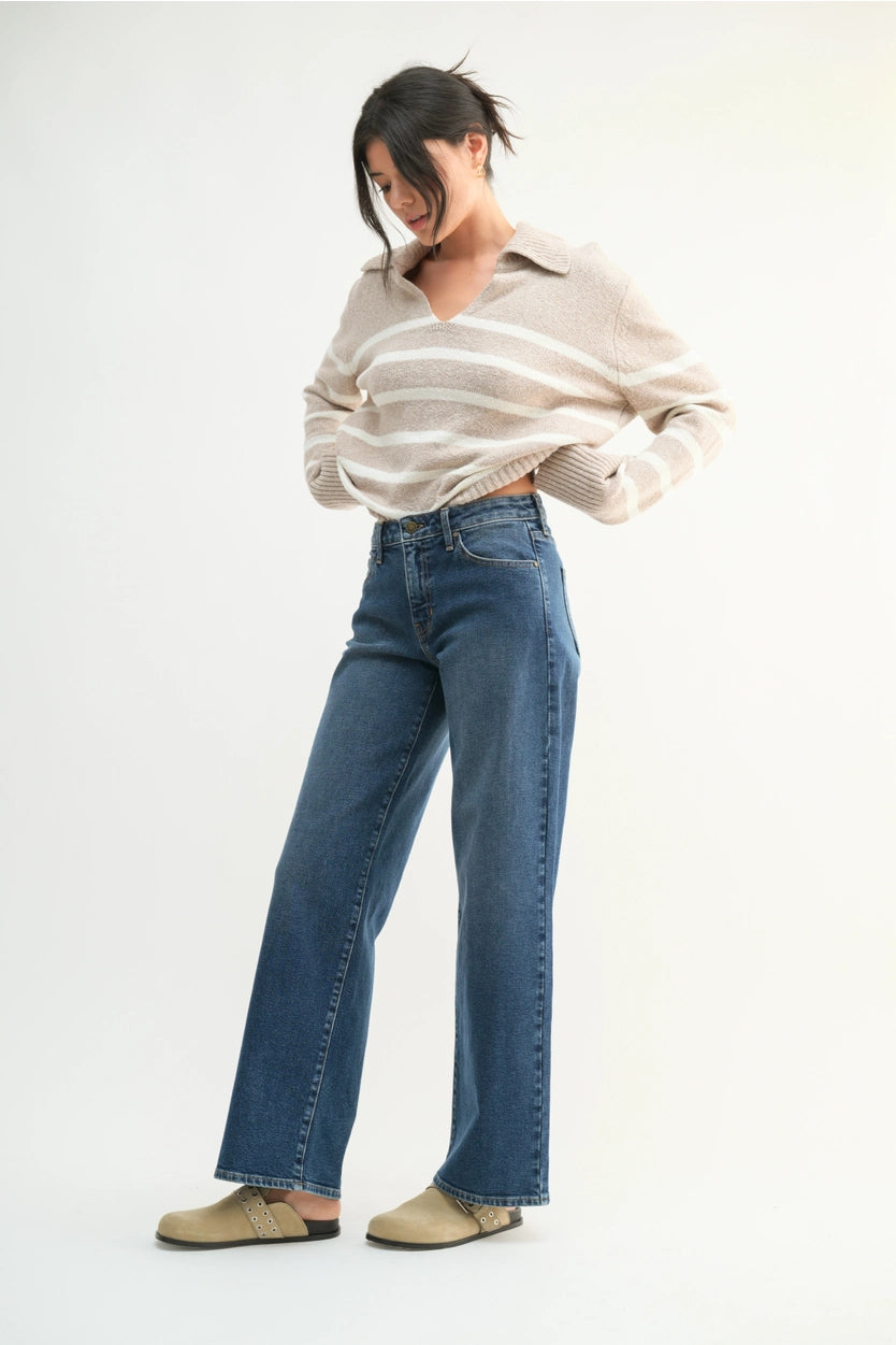 Dark Wash Mid Rise Slim Wide Leg