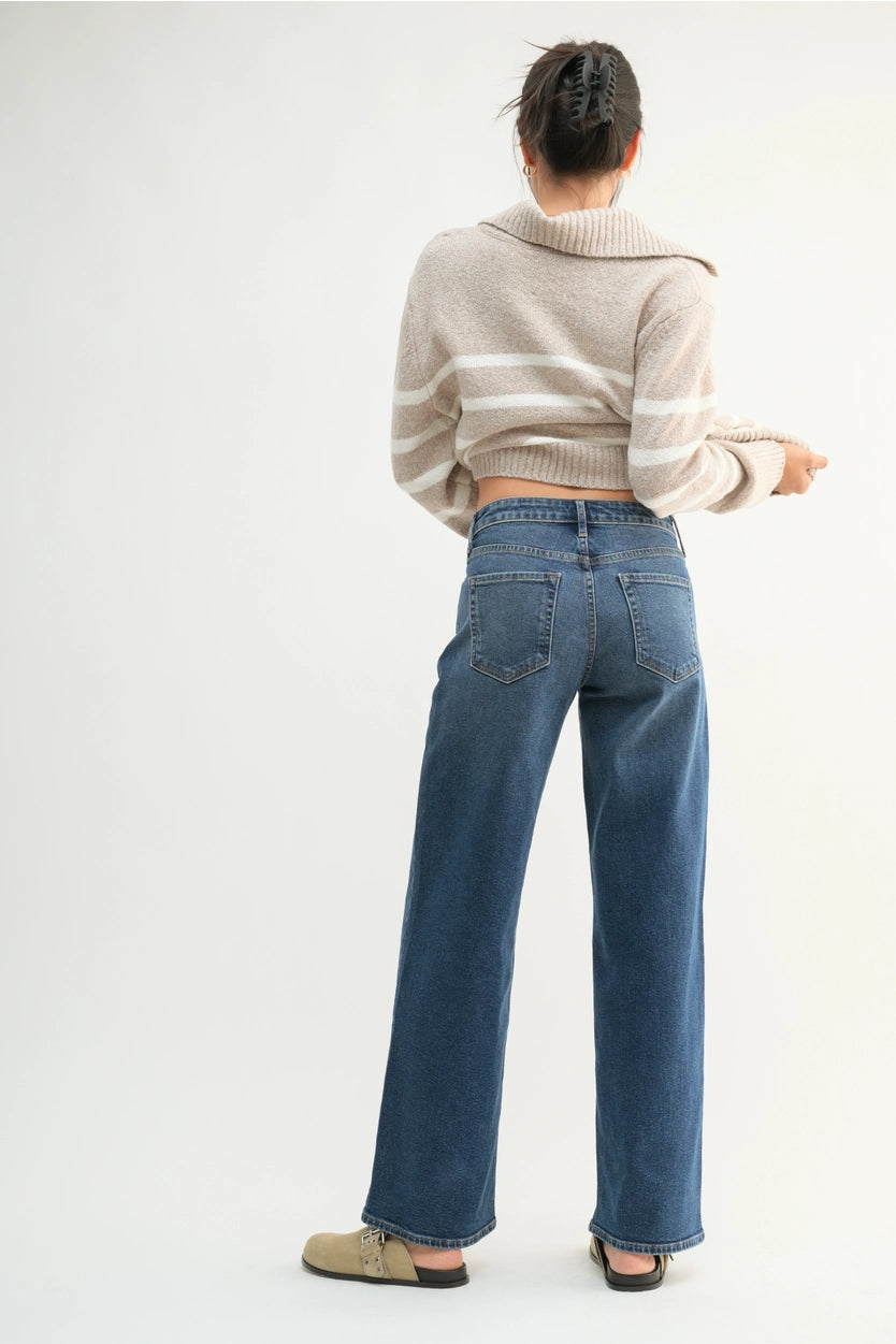 Dark Wash Mid Rise Slim Wide Leg